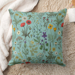 Wildblumen-Collage auf Blau Kissen