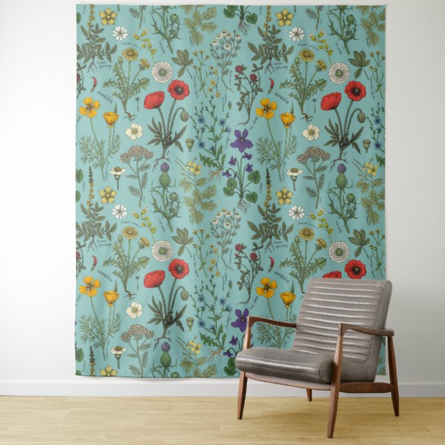 Wildblumen-Collage auf Blau Wandteppich (Beispiel)