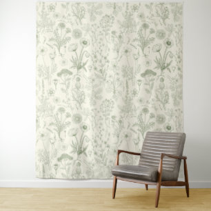 Wildblumen-Collage/ cremeweiß und Salbei Wandteppich