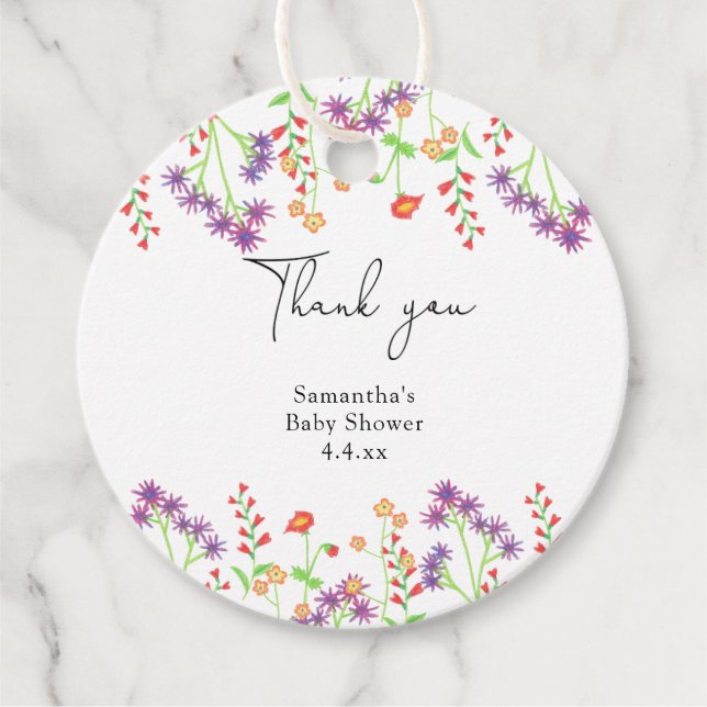Wildblumen danke Babydusche Geschenkanhänger (Vorderseite)