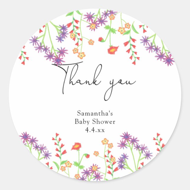 Wildblumen danke Babydusche Runder Aufkleber (Vorderseite)
