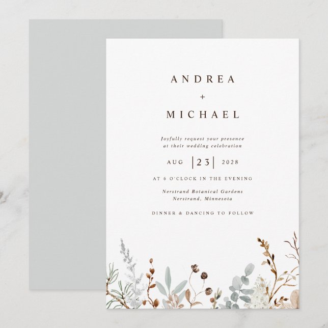 Wildblumen des Winterfeldes Botanische Hochzeit Einladung (Vorne/Hinten)