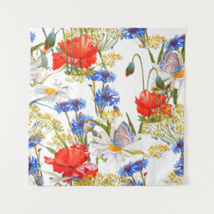 Wildblumen: Dunkelblau, wasserfarblos Wandteppich