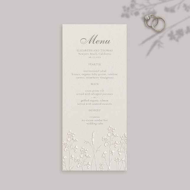 Wildblumen Ecru-Imitate Embossed feierliche Hochze Menükarte (formal wedding menu card traditional calligraphy ecru faux embossed wildflowers modern classic)