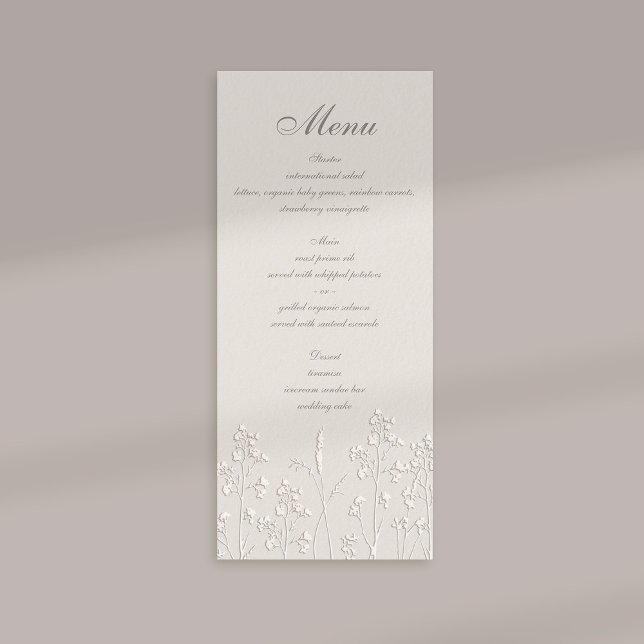 Wildblumen Ecru Imitats Embossed Classic Wedding Menükarte (formal wedding menu card traditional calligraphy ecru faux embossed wildflowers elegant classic thin)