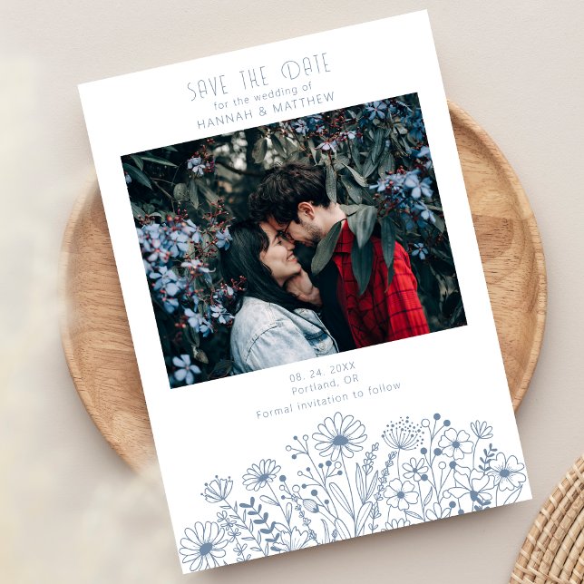 Wildblumen Elegant Boho Dusty Blue Foto Hochzeit Save The Date (Von Creator hochgeladen)