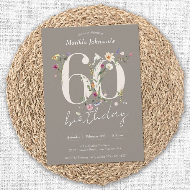 Wildblumen Elegant Floral 60. Geburtstag Einladung (60th Birthday Wildflowers Elegant Floral Invitation)