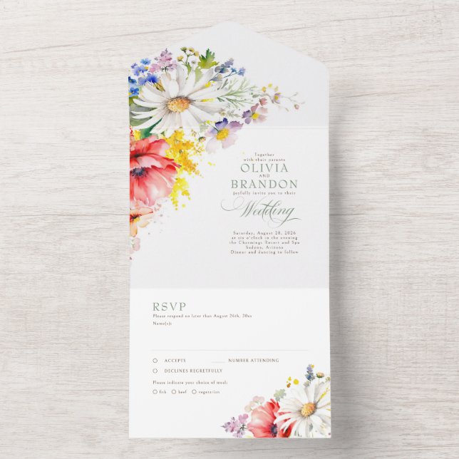Wildblumen Elegante Hochzeit All In One Einladung (Innen Boden)