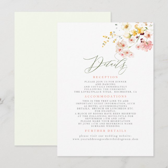 Wildblumen Elegante Hochzeitsinformationen Begleitkarte (Vorne/Hinten)