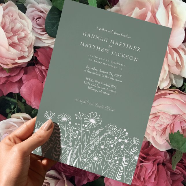 Wildblumen Elegante Moderne Heirat Grüne Hochzeit Einladung (Von Creator hochgeladen)