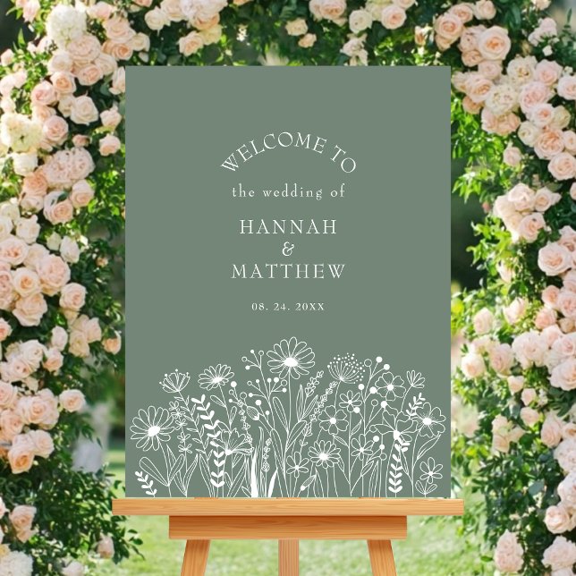 Wildblumen Elegante Sage Green Wedding Willkommen Poster (Von Creator hochgeladen)