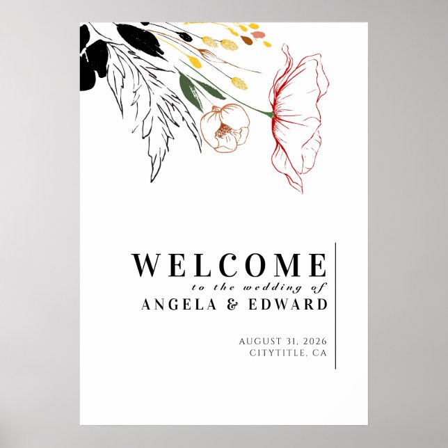 Wildblumen Elegantes Black Wedding Willkommenszeic Poster (Vorne)