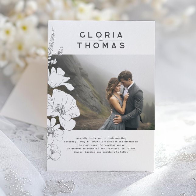 Wildblumen Elegantes modernes Hochzeitsfest Foto Einladung (Wildflowers Wedding Photo Invitation)
