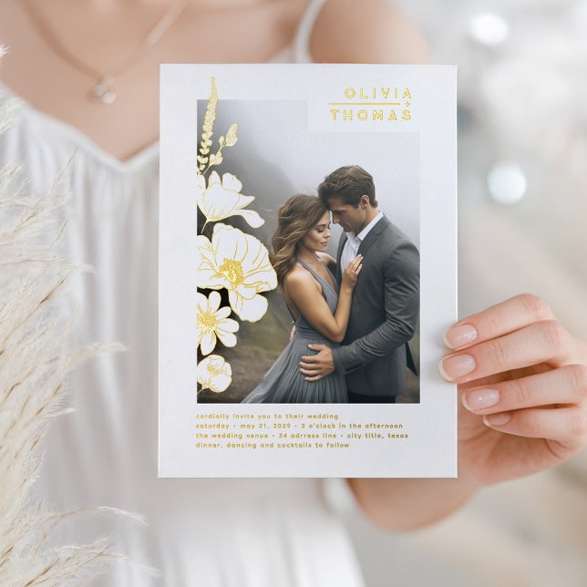 Wildblumen Elegantes romantisches Hochzeitssemble  Folieneinladung (Gold Foil Flowers Wedding Photo Invitation)