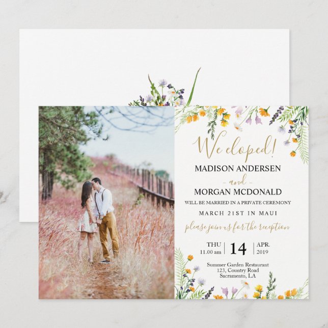 Wildblumen Elopement Empfang Foto Einladung (Vorne/Hinten)