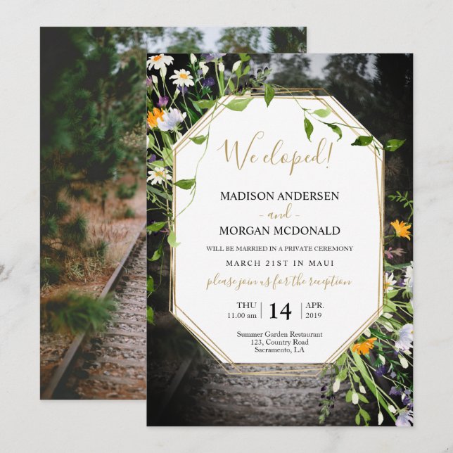 Wildblumen Elopement Empfang Foto Einladung (Vorne/Hinten)