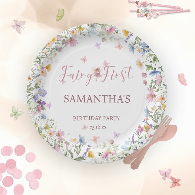 Wildblumen-Feengarten 1. Geburtstag  Pappteller (Wildflower Fairy Garden 1st Birthday Paper Plates)