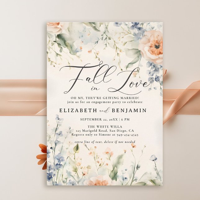 Wildblumen Fête Romantic Fall Engagement Party Einladung (fall engagement party invitations wildflowers rust burnt orange blue elegant watercolor casual chic)