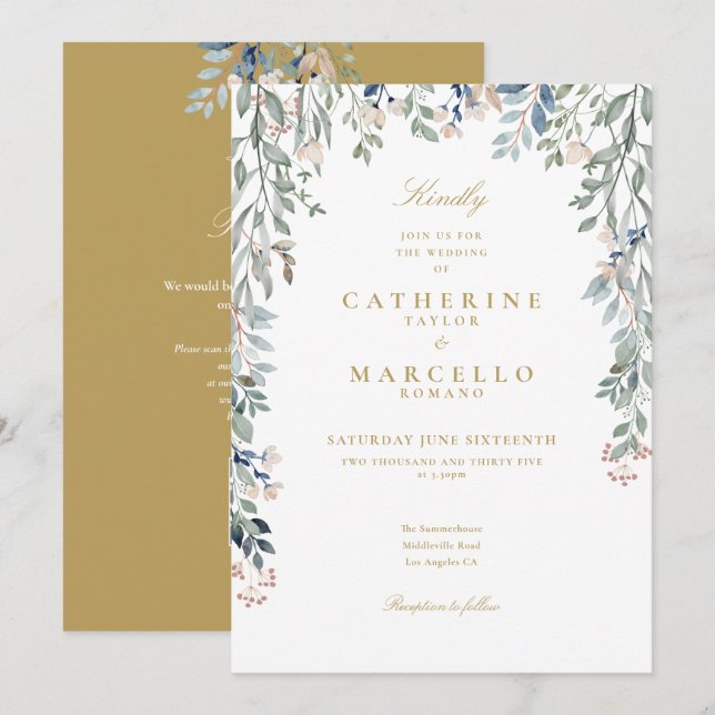 Wildblumen Floral QR Code Gold Hochzeit Einladung (Vorne/Hinten)