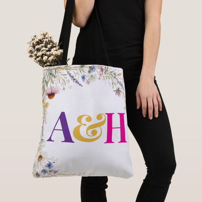 Wildblumen Florale Botanische, Monogramm editierba Tasche (Von Nahem)