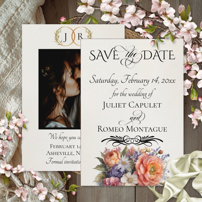 Wildblumen, Foto & Blatt-Monogramm - Creme Save The Date (Von Creator hochgeladen)