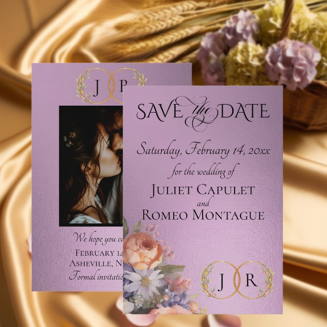Wildblumen, Foto & Blatt-Monogramm - Lavendel Save The Date (Von Creator hochgeladen)