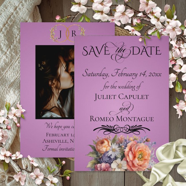 Wildblumen, Foto & Blatt-Monogramm - Lavendel Save The Date (Von Creator hochgeladen)