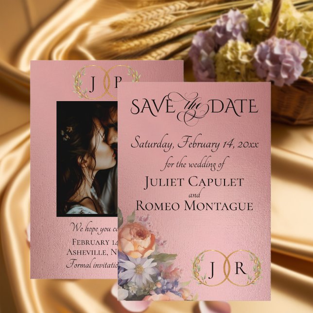 Wildblumen, Foto & Blatt-Monogramm - Roségold Save The Date (Von Creator hochgeladen)