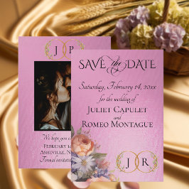 Wildblumen, Foto & Blatt-Monogramm - Rosenpink Save The Date