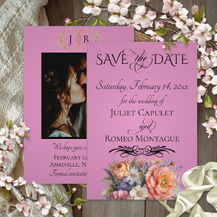 Wildblumen, Foto & Blatt-Monogramm - Rosenpink Save The Date