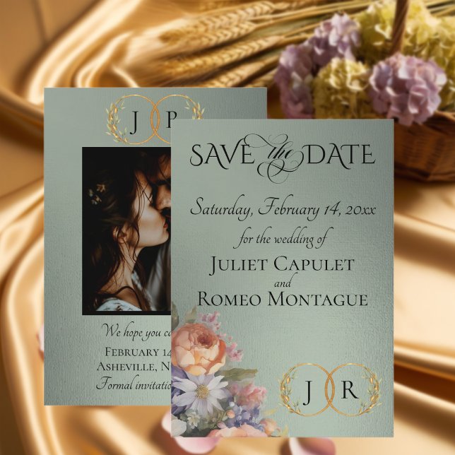 Wildblumen, Foto & Blatt-Monogramm - Salbei Save The Date (Von Creator hochgeladen)