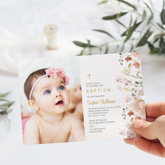 Wildblumen Foto Girl Baptisse | Rosa und Rote Blum Einladung (Von Creator hochgeladen)