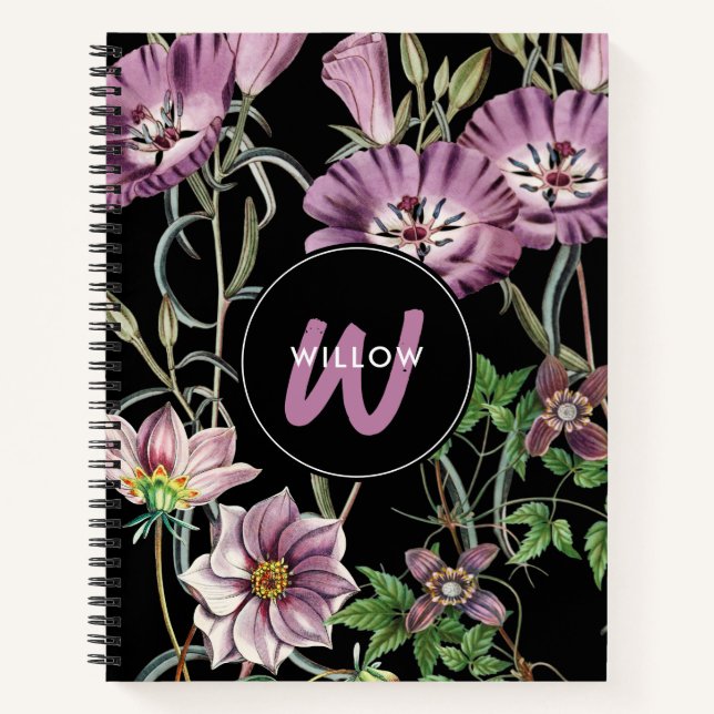 Wildblumen für Aquarellfarben Schwarze Lila Monogr Notizbuch (Vorderseite)