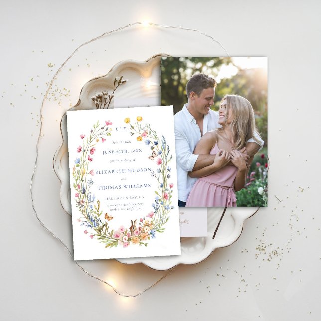Wildblumen Garden Modernes Foto Hochzeit Retten Da Einladung (wildflowers wedding save the date photo enchanted garden woodland forest butterfly rabbit whimsical)