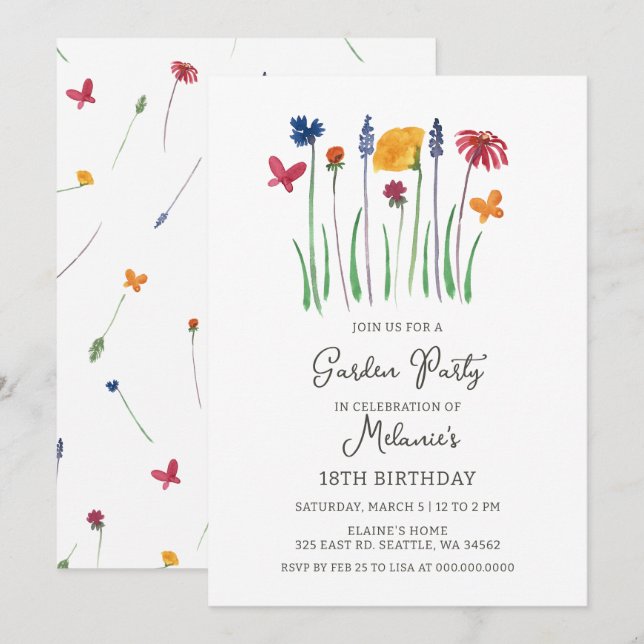 Wildblumen-Garten-Geburtstag Einladung (Vorne/Hinten)