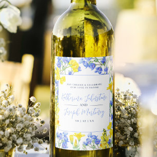 Wildblumen-Gelb-Blau-Aquarell-Botanik-Hochzeit Weinetikett