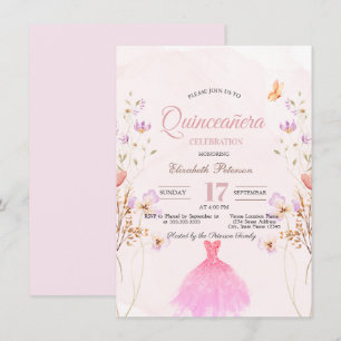 Wildblumen Glitter-Kleid Rosa Quinceanera Einladung