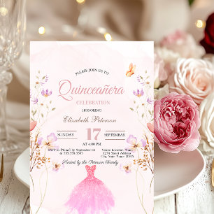 Wildblumen Glitter-Kleid Rosa Quinceanera Einladung