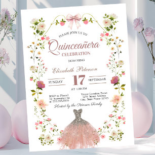 Wildblumen Glitter Kleid Schleife Quinceanera Einladung