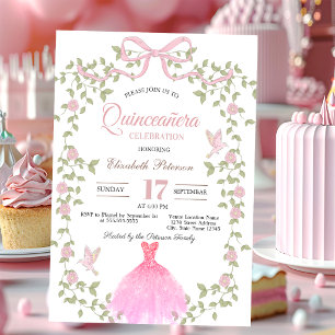 Wildblumen Glitzerkleid Rosa Schleife Quinceanera Einladung