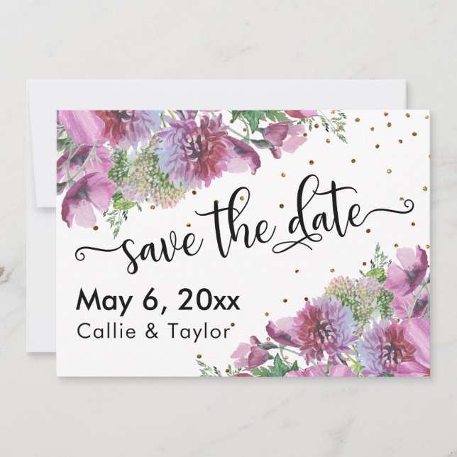 Wildblumen Gold Confetti Typografie Save the Date (Vorderseite)