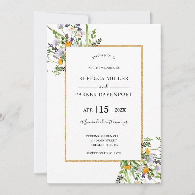 Wildblumen Gold elegante Hochzeitseinladung Einladung (Vorderseite)