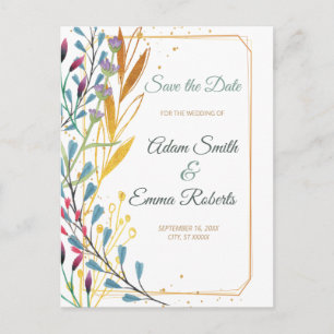 Wildblumen & Gold Glitzern Save the Date Hochzeit Postkarte