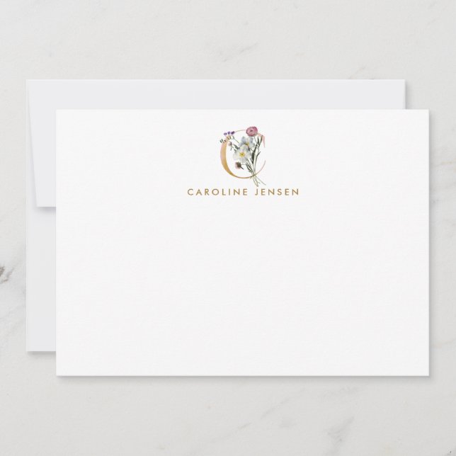 Wildblumen Gold Monogram Letter C Personalisiert Mitteilungskarte (Vorderseite)