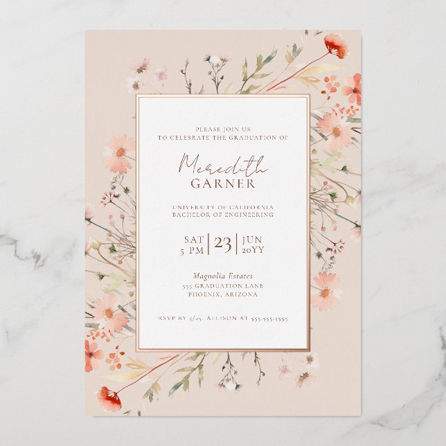 Wildblumen Graduation Party Real Rose Gold Folieneinladung (Vorderseite)