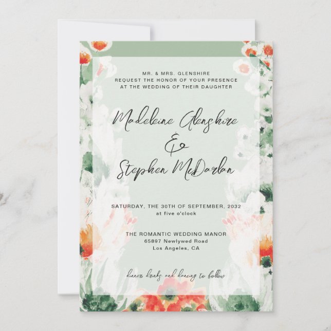 Wildblumen Grün & Orange romantische Hochzeit Einladung (Vorderseite)