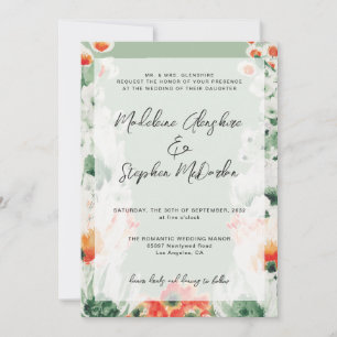 Wildblumen Grün & Orange romantische Hochzeit Einladung