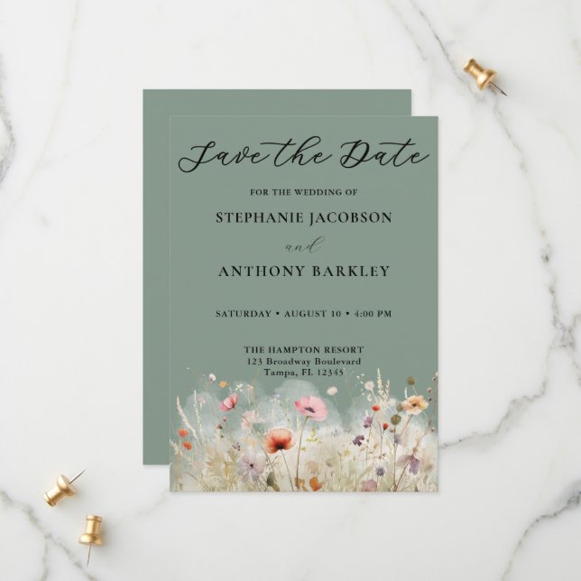 Wildblumen Grün Save the Date Hochzeitkarte (Vorderseite/Rückseite Beispiel)