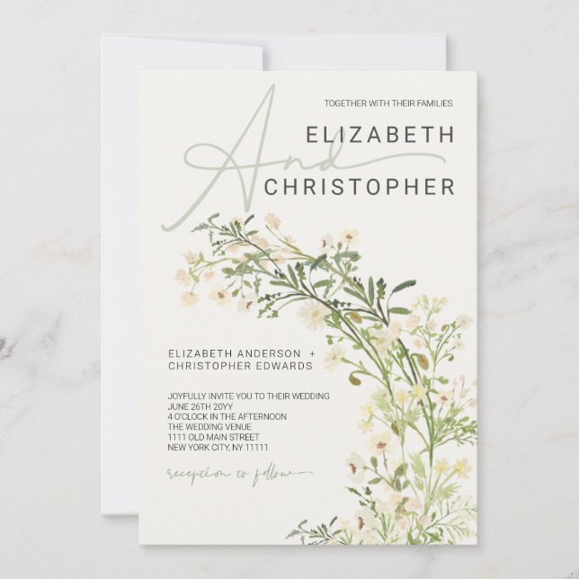 Wildblumen Grünpflanzen Botanische Hochzeit Einladung (Vorderseite)