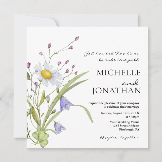 Wildblumen Grünpflanzen Christliche Hochzeit Einladung (Vorderseite)